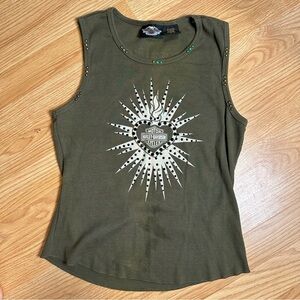 Harley-Davidson Women's Graphic Tank Top, Bedazzled, Size Large Green y2k